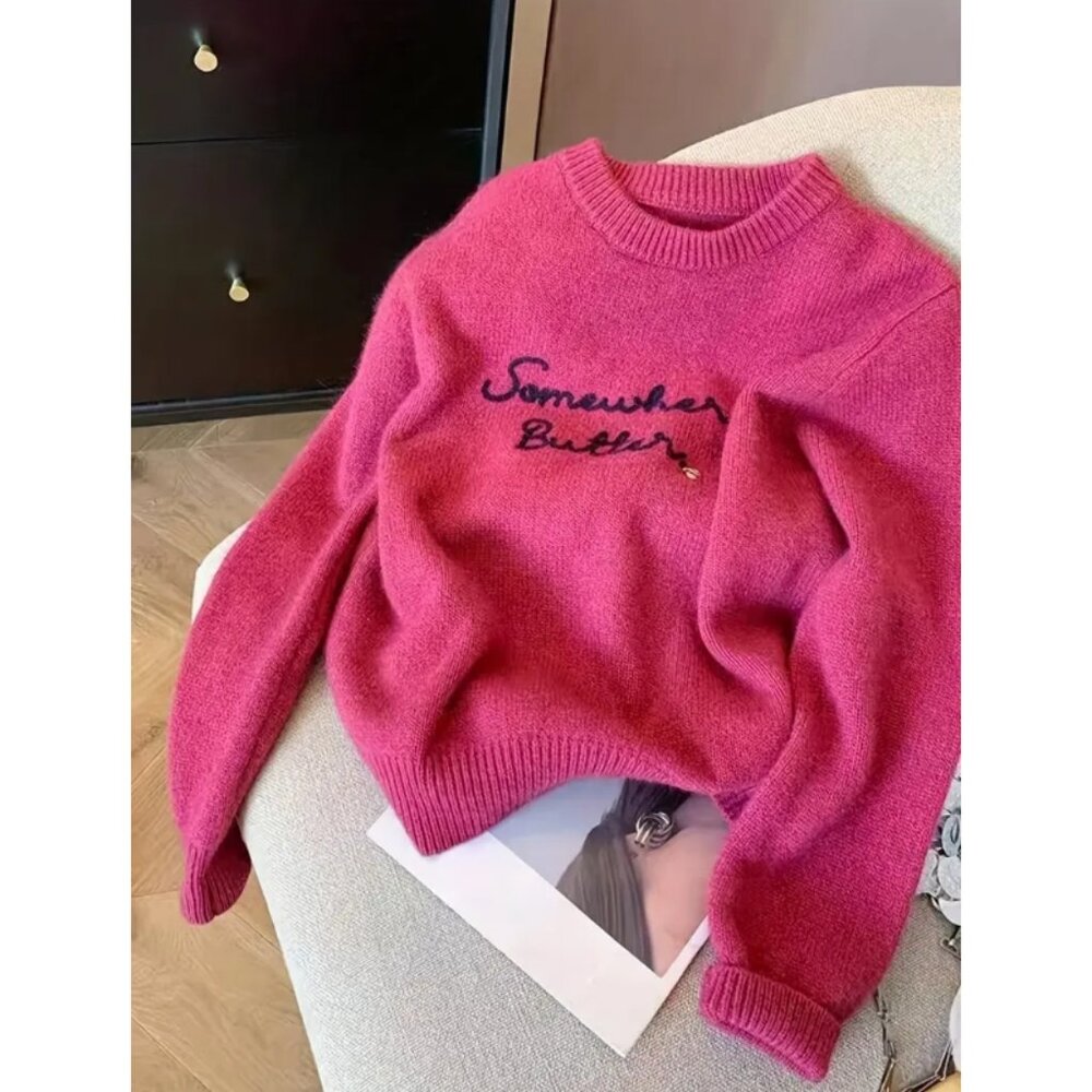Elegant Chic Magenta Crew Neck Sweater - Soft, Stretchy Knit
